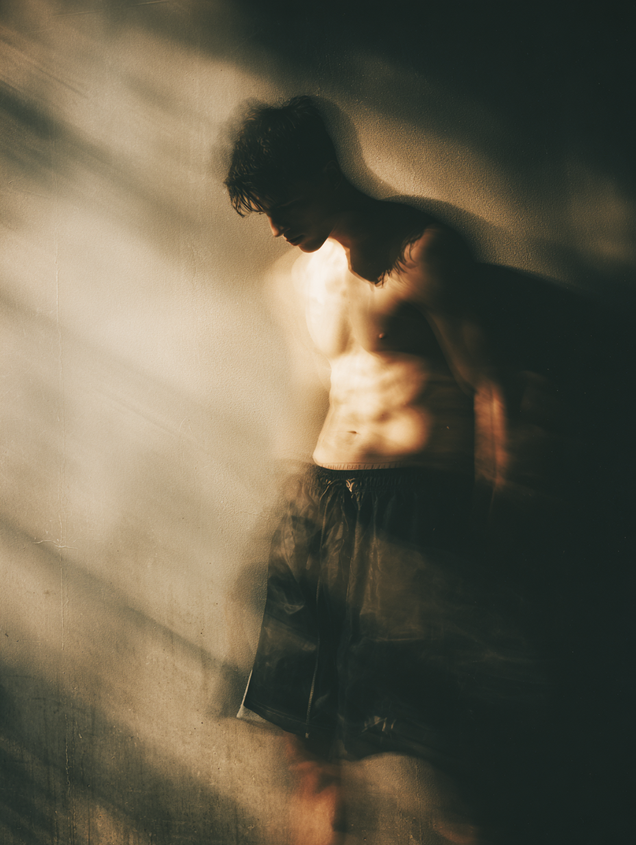 Athlete in dark studio, editorial fashion aesthetic