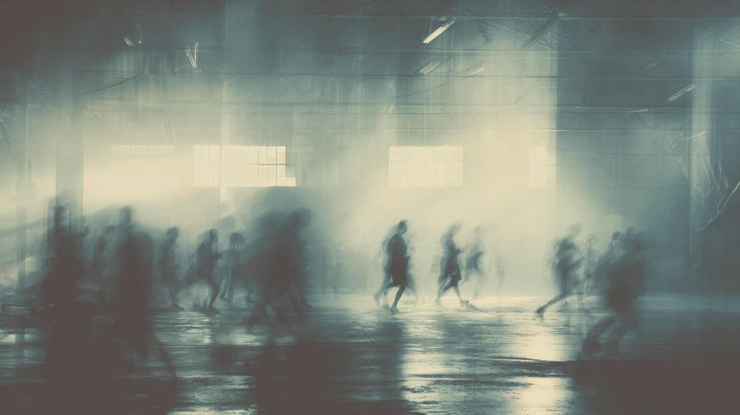 Athletes training in dark industrial gym with atmospheric lighting